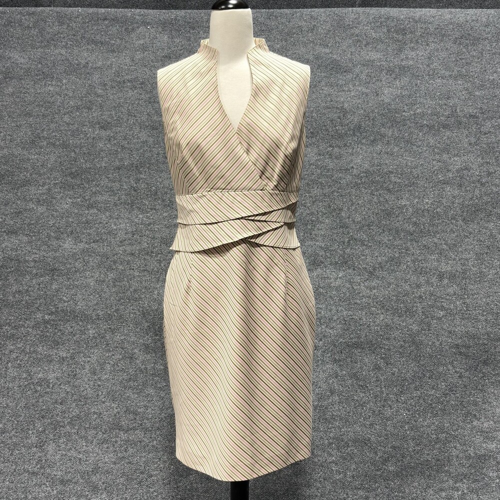 Kay Unger New York Dress Womens 8 Beige Stripe Sleeveless Sheath V Neck Cocktail